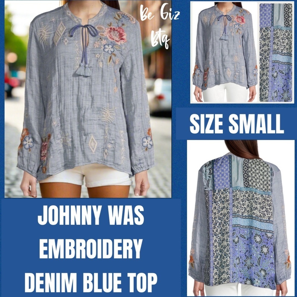 🔥🔥NWT Johnny Was Umoya Patchwork Scarf Floral Embroidery Blouse Denim Blue Small